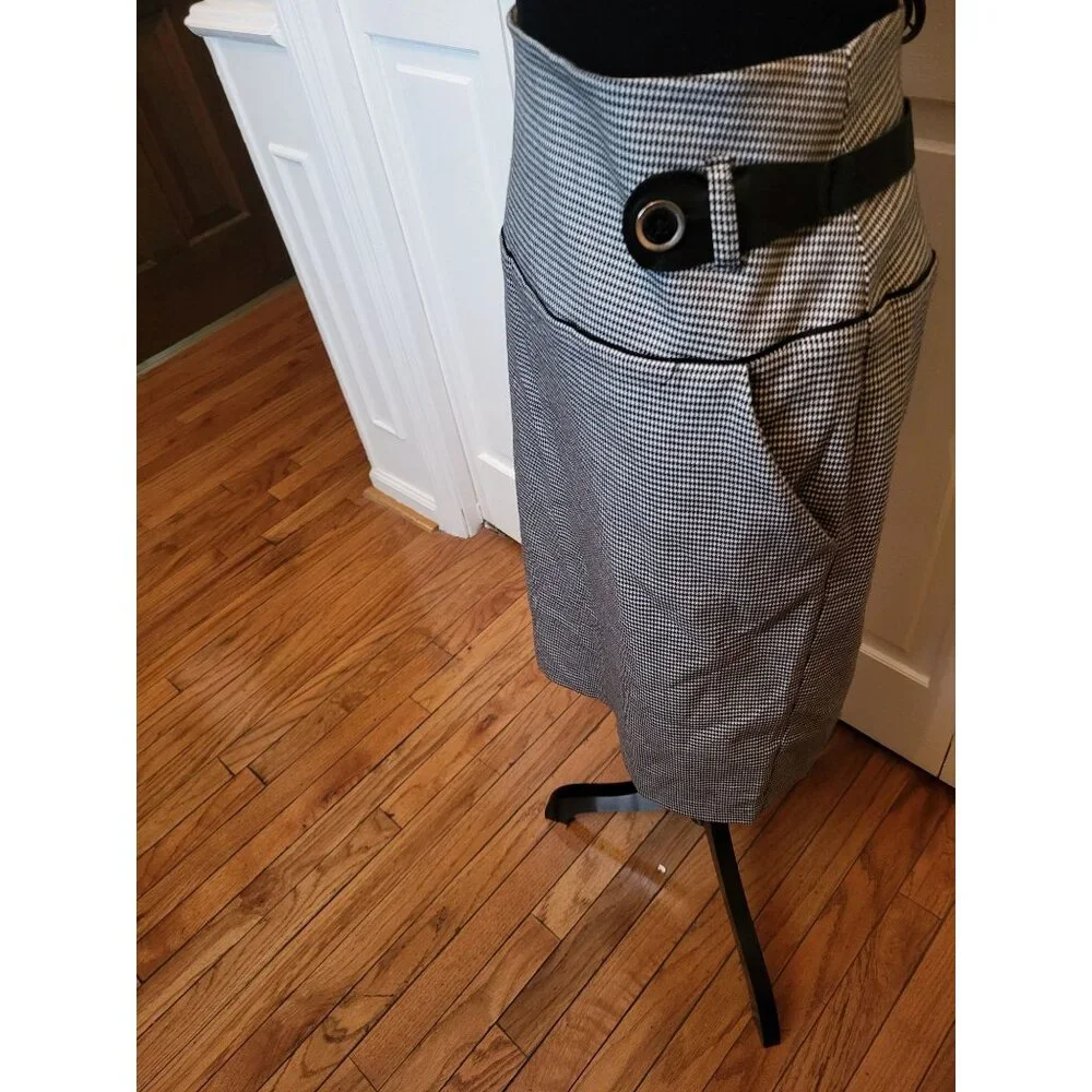 White/Black Houndstooth Pencil Skirt High Waist 11 Retro Twee Preppy Office - Picture 7 of 8